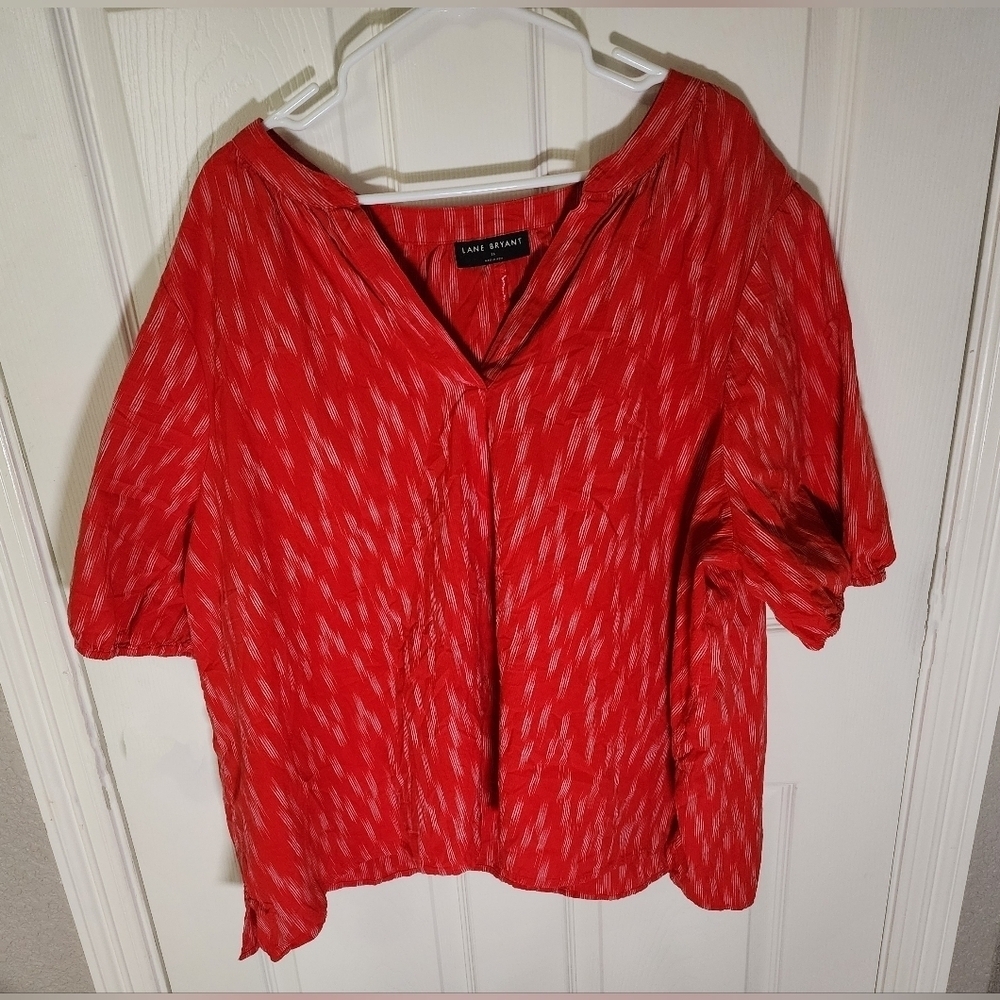 Lane Bryant Red Split Neck Plus Womens Top Short Sleeve